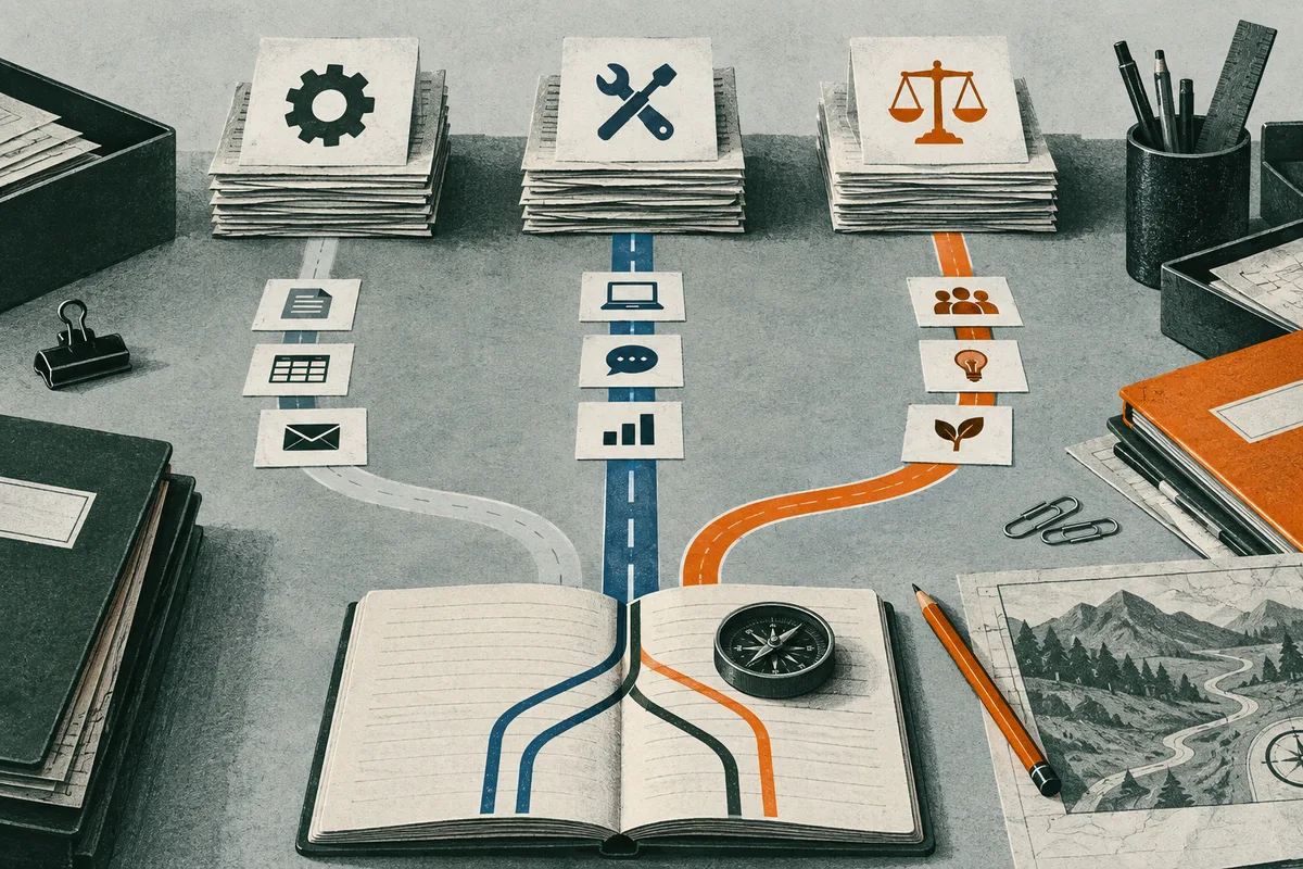 An open notebook with blue, green, and orange paths branching toward cards with document, computer, chart, people, and plant icons. Stacks of papers topped with gear, tools, and balance-scale symbols sit behind it, with a compass, pencil, and map nearby.