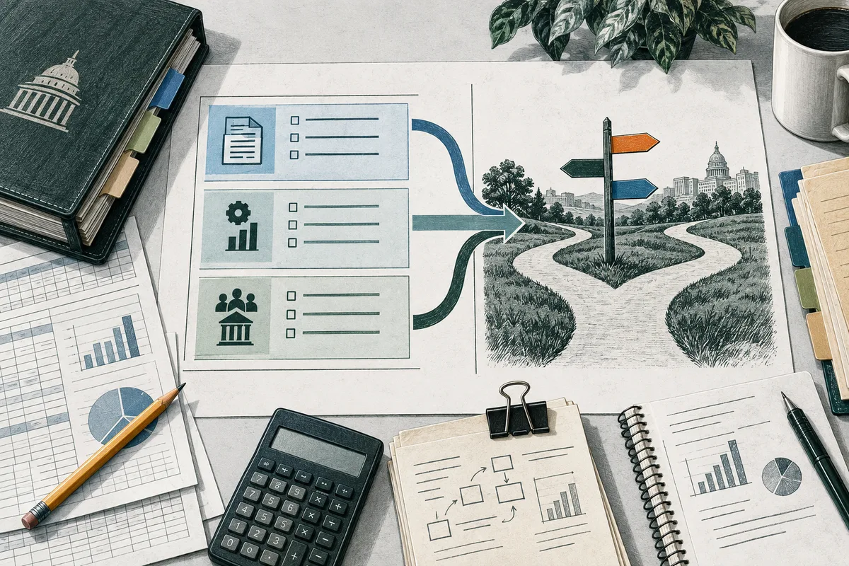 Illustrated desk with ledgers, charts, a calculator, and notes. Three task panels with document, bar-chart, and group icons connect to a forked path leading toward a city skyline, beside a signpost with blue, green, and orange arrows.