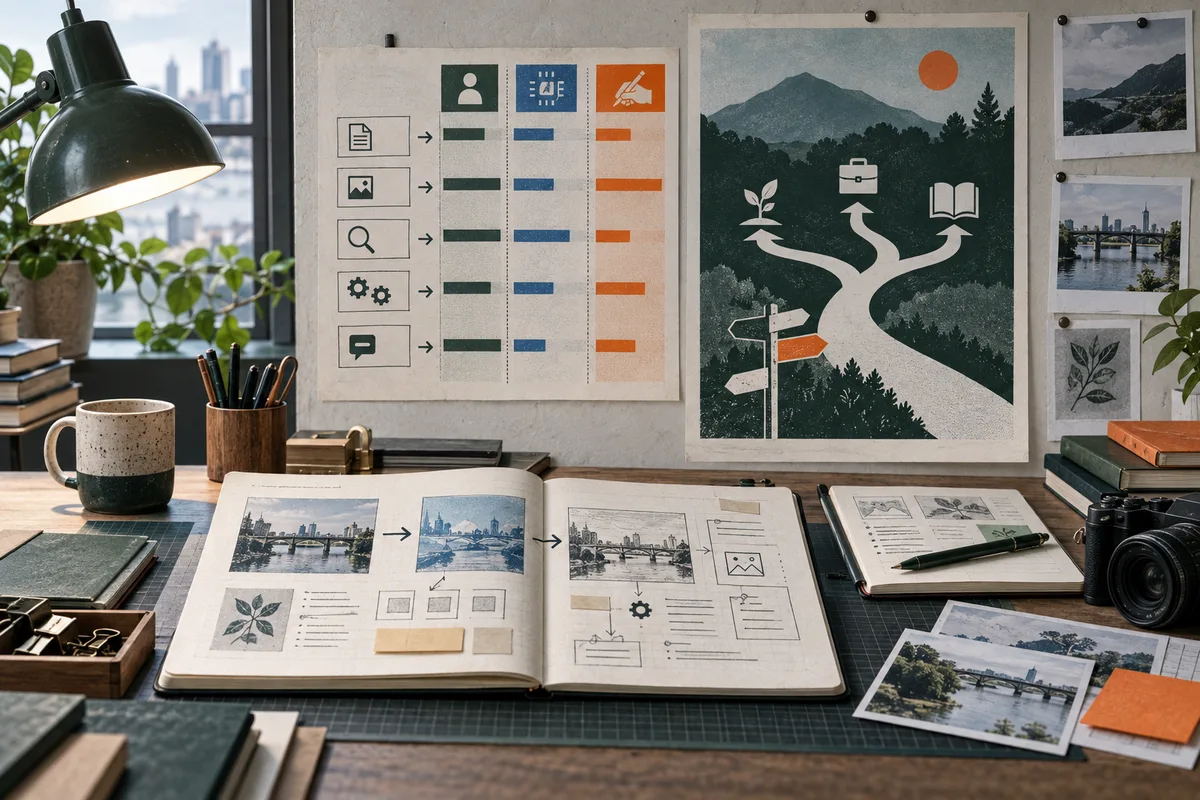 Illustrated desk with open planning notebooks, a task chart, landscape photos, and a poster showing a path that branches through a forest.
