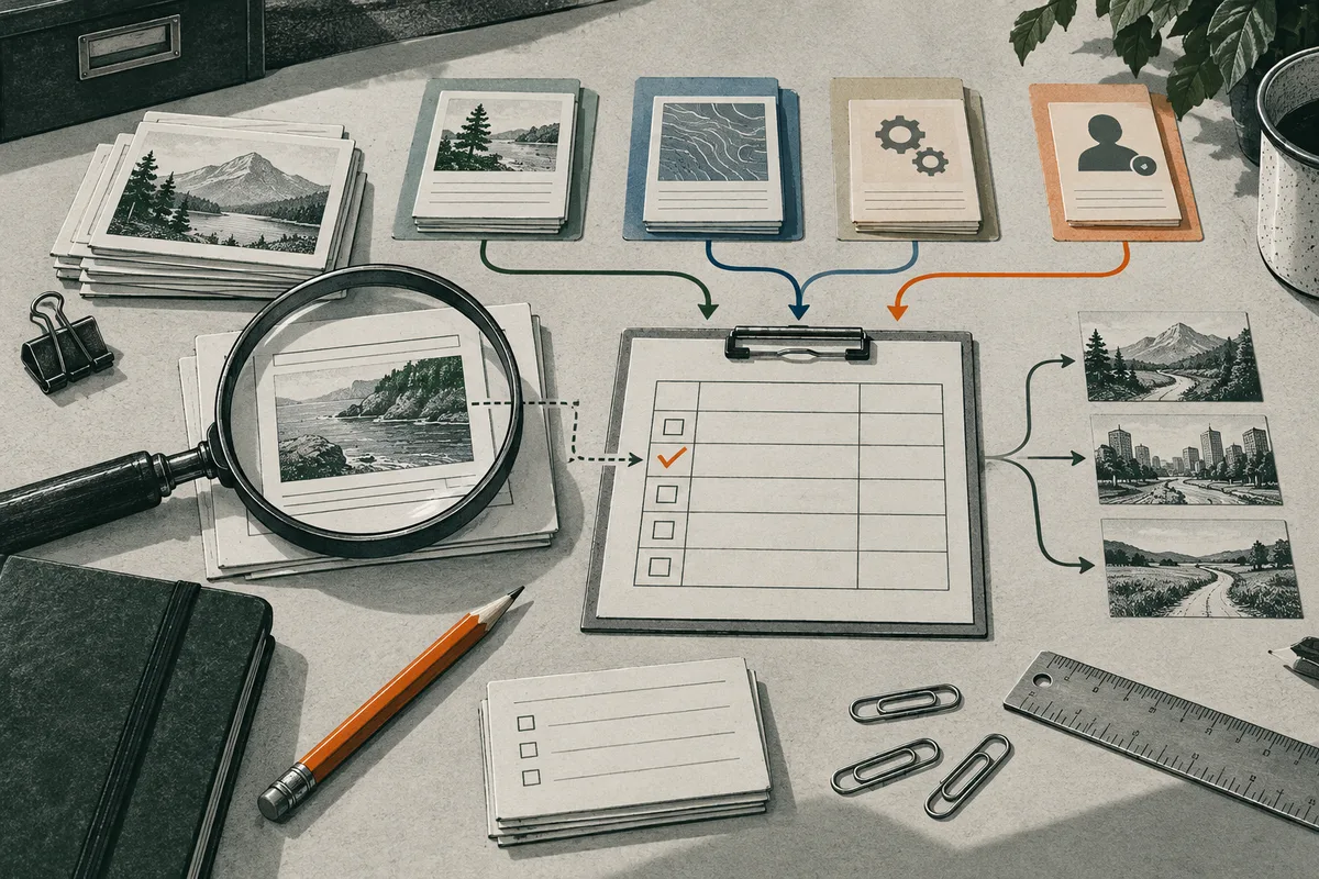 An overhead view of papers, picture cards, a magnifying glass, and a checklist on a desk. Colored arrows connect the cards to the checklist, which branches toward three small landscape and city pictures.