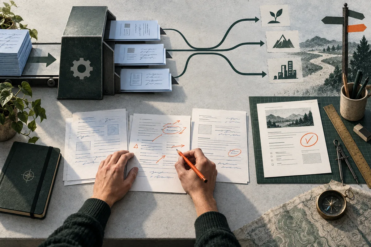 Hands mark up paperwork with an orange pencil beside a machine sorting documents toward three illustrated paths; a map, compass, ruler, and other desk tools surround the papers.