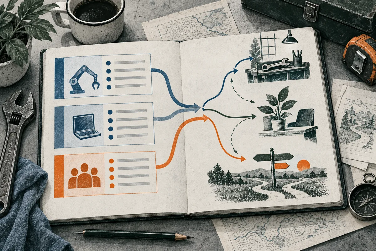 An open notebook shows three illustrated panels with a robotic arm, a laptop, and a group of people. Blue, green, and orange arrows branch toward a workbench, potted plants, and a signpost beside a winding path. Maps, a mug, tools, a pencil, and a compass surround the notebook.