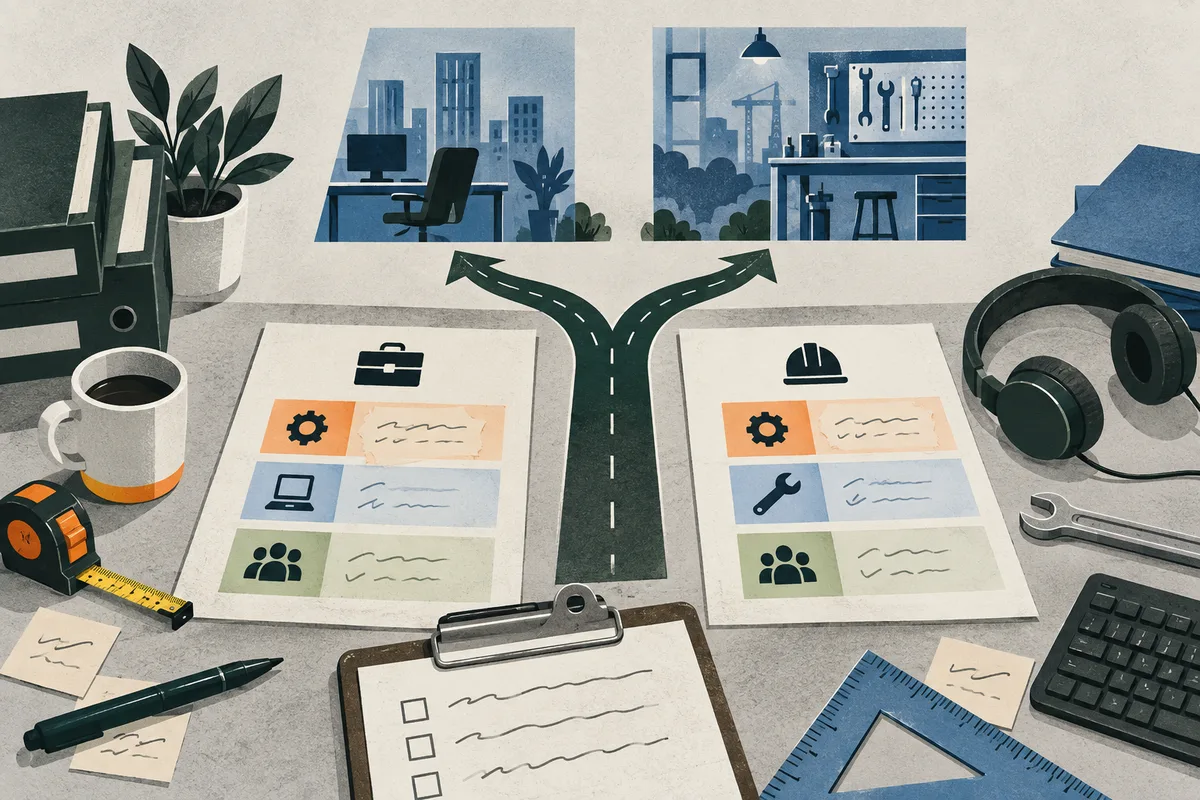 Illustrated desk scene with two task sheets, a forked road leading toward an office and a workshop, and nearby work tools.