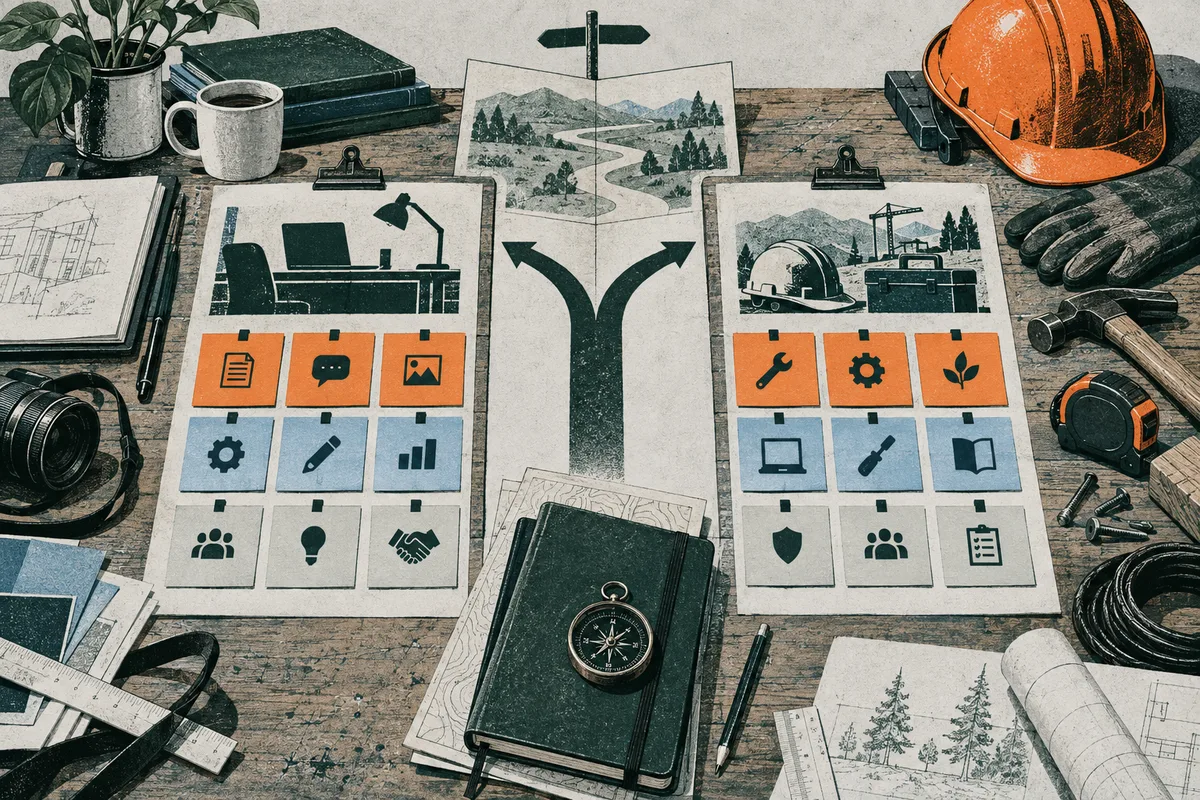 Top-down illustrated workbench with two task sheets, a forked path, a compass on a notebook, drafting plans, a camera, coffee, a safety helmet, gloves, and tools.