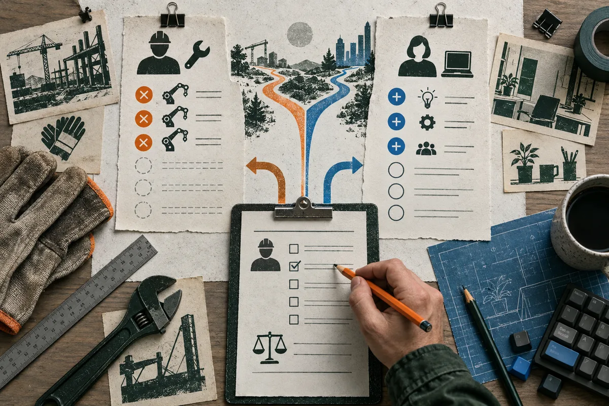 Top-down illustrated comparison scene with two clipped checklists, orange and blue branching paths, a hand marking a clipboard, tools, gloves, blueprints, and small workplace illustrations.
