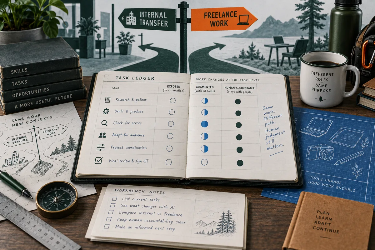 An open task ledger on a workbench compares automation, AI-assisted tasks, and human-accountable work, with signs pointing to internal transfer and freelance work. Books, notes, a compass, a mug, and a blue work plan surround it.