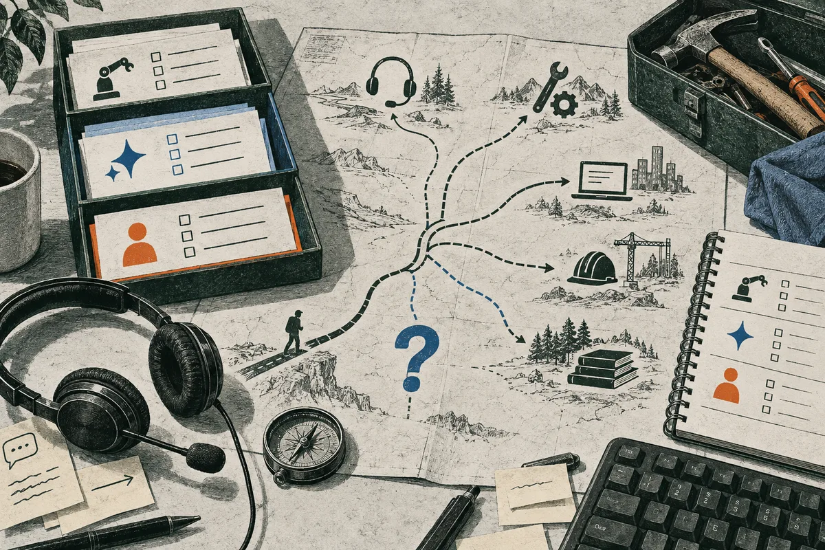 An illustrated map of branching paths crosses a workbench, with task cards, headphones, tools, a laptop, books, and a small figure walking one route.