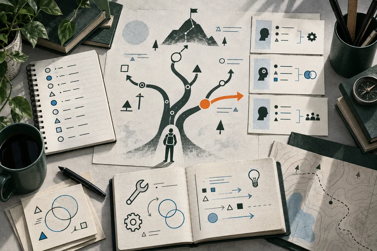 A desk covered with notebooks, cards, maps, and diagrams, centered on a branching path leading toward a mountain.