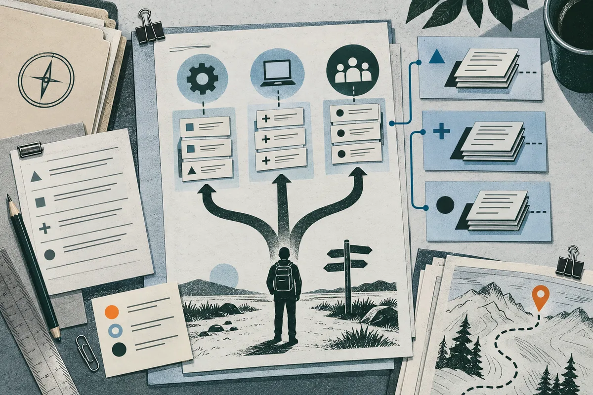 A silhouetted person stands at a signpost beneath three branching panels with gear, computer, and group icons.