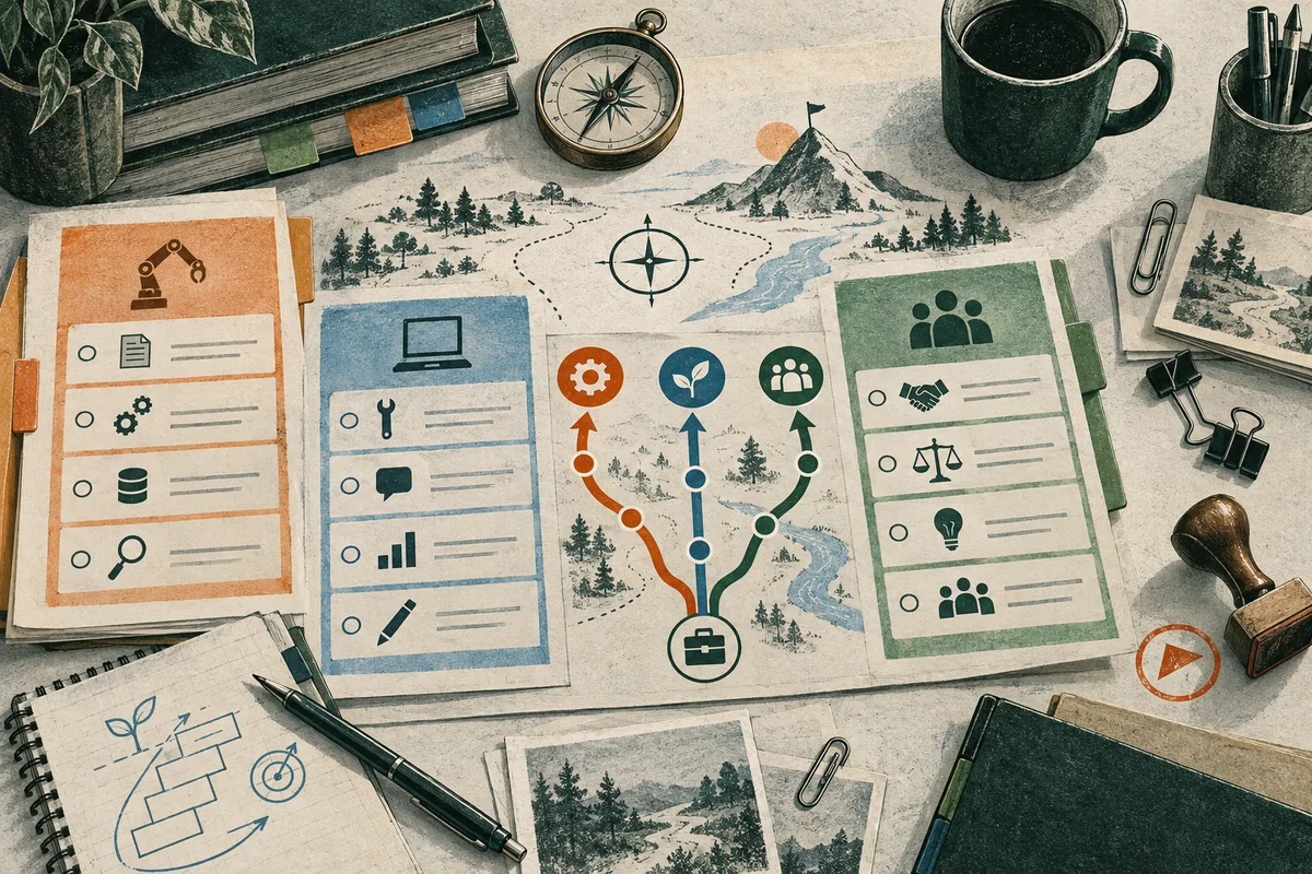 A desk layout shows a map with three colored routes, surrounded by illustrated cards with technology, tools, and people icons.