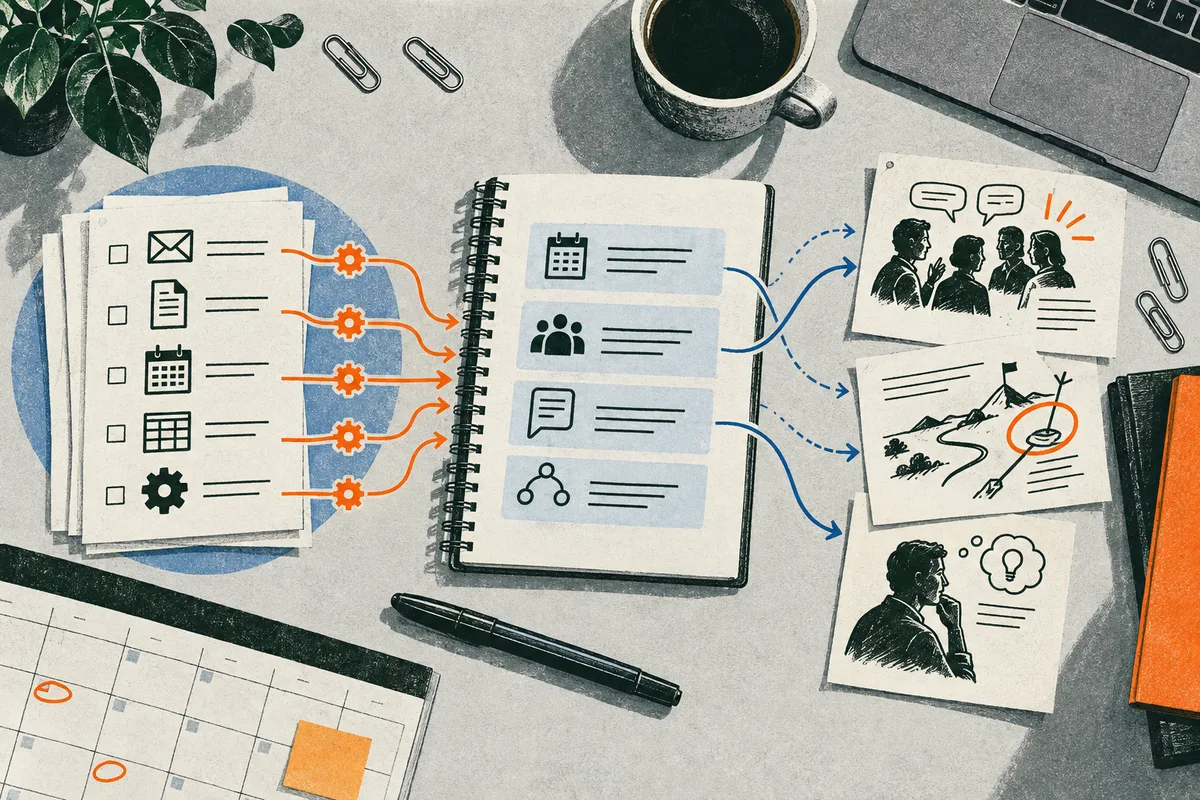 Overhead illustration of task sheets linked by orange gears to a spiral notebook, with blue arrows leading to papers showing a group conversation, a planning sketch, and a person thinking. A pen, coffee cup, laptop, and plant sit around the desk.