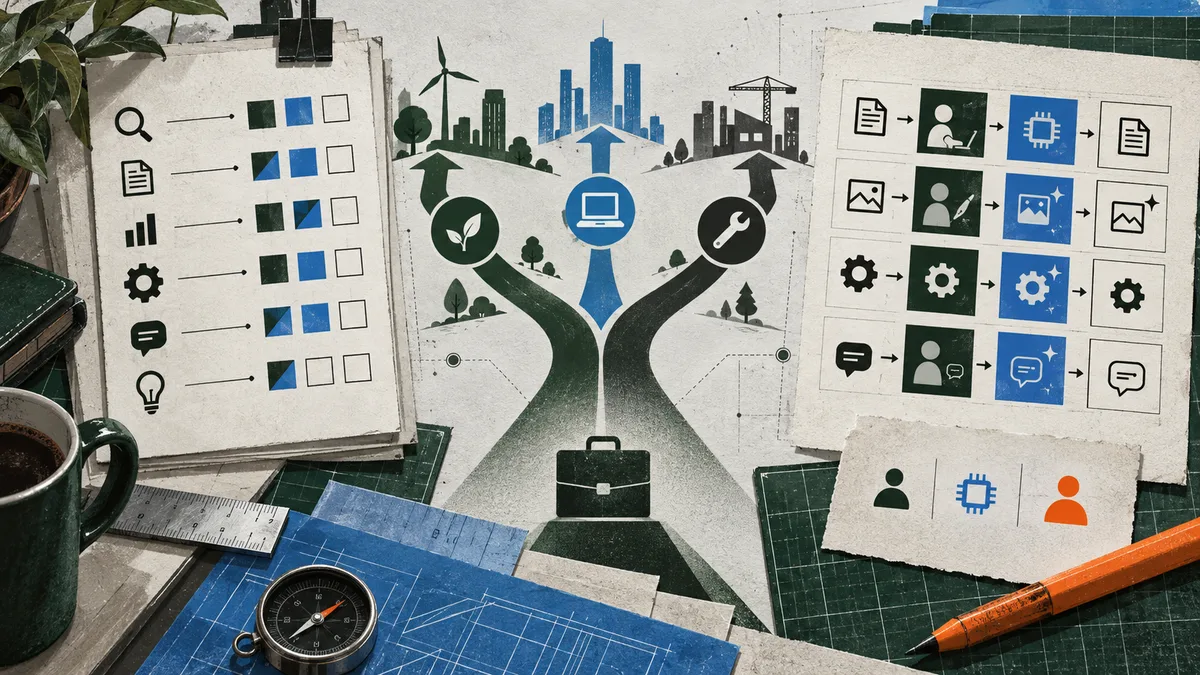 Overhead collage of branching illustrated paths, task cards, a briefcase, compass, blueprint, pencil, and coffee cup on a worktable.