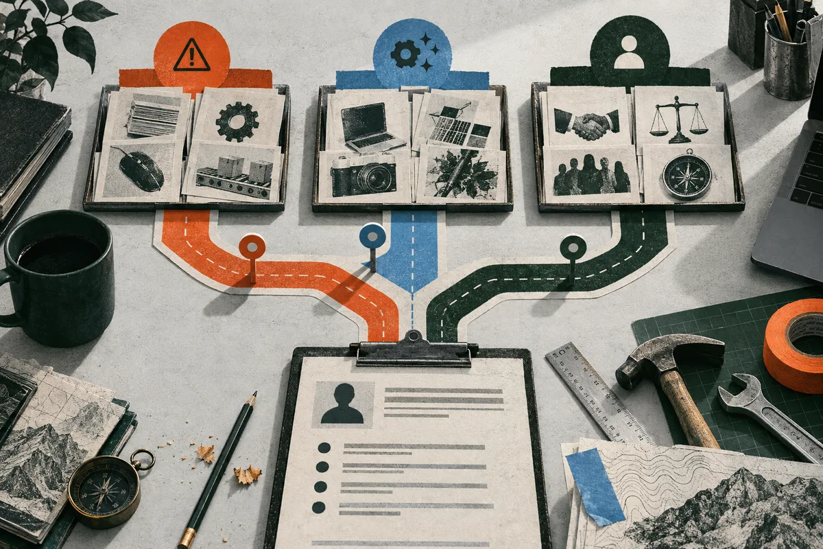 Overhead worktable collage with orange, blue, and green paths leading to open picture books, a clipboard, a compass, and hand tools.