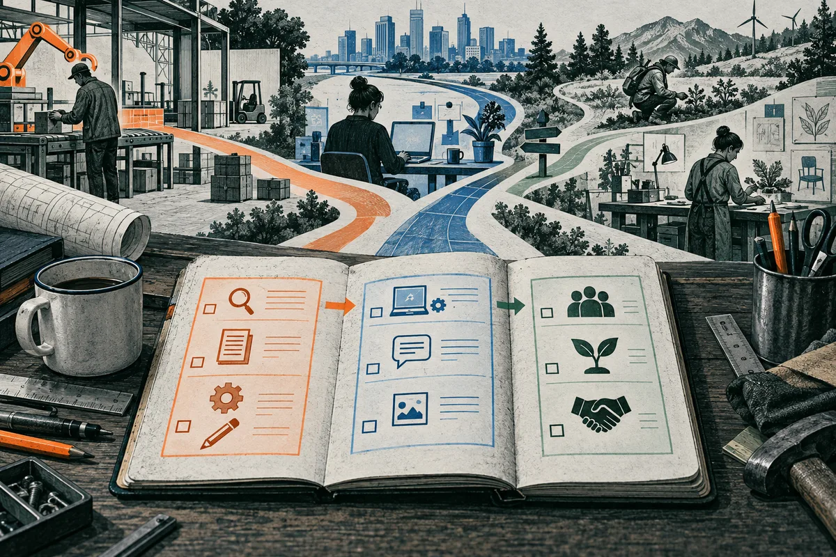 An open notebook shows three illustrated columns of work icons, including documents and a gear, a laptop and chat bubble, and people, a plant, and a handshake. Behind it, orange and blue paths wind past workers at desks and a robotic arm toward a city skyline and mountains.