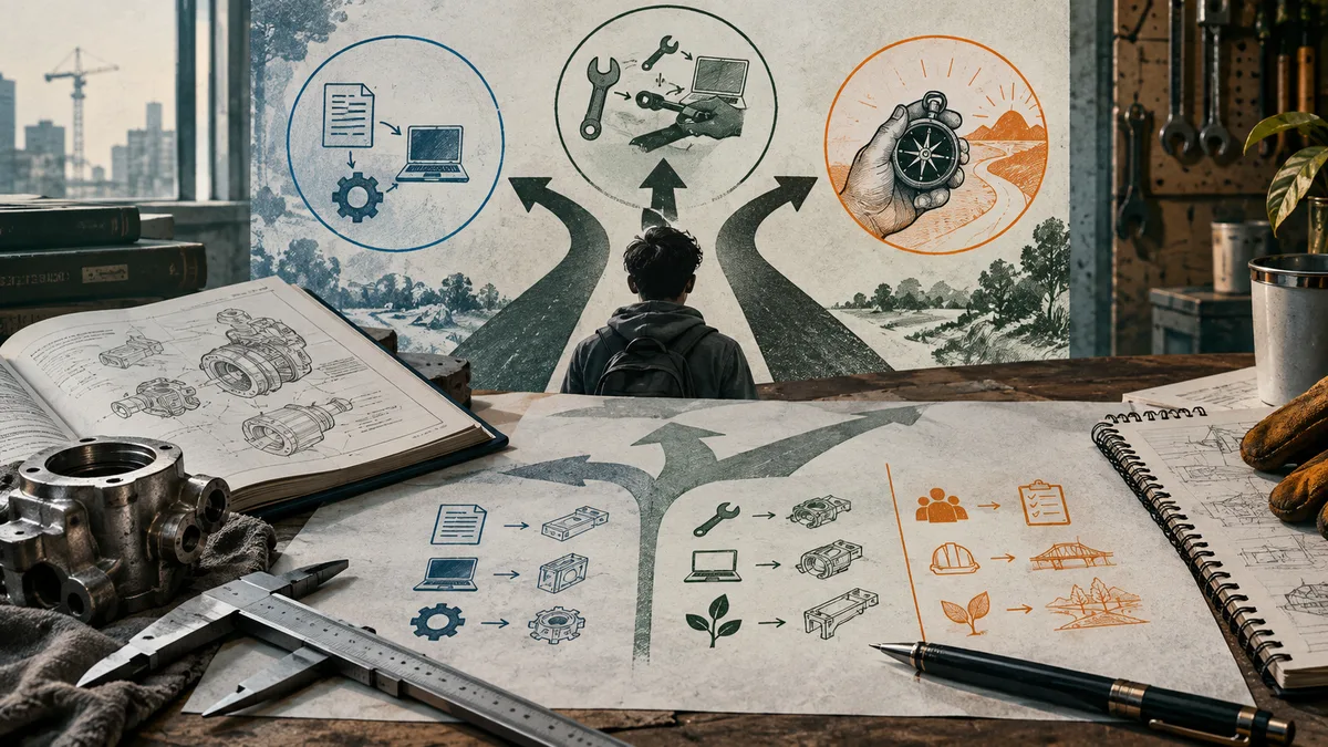 A person seen from behind faces three branching paths in a workshop, with circular drawings of a document and computer, tools, and a compass above; technical sketches and task diagrams cover the workbench.