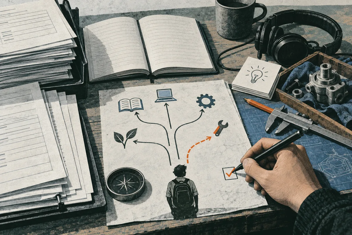 An overhead view of a worksheet shows a backpacked figure and arrows branching toward a book, computer, gear, plant, and wrench; a hand checks a box beside workshop tools, headphones, and notebooks.