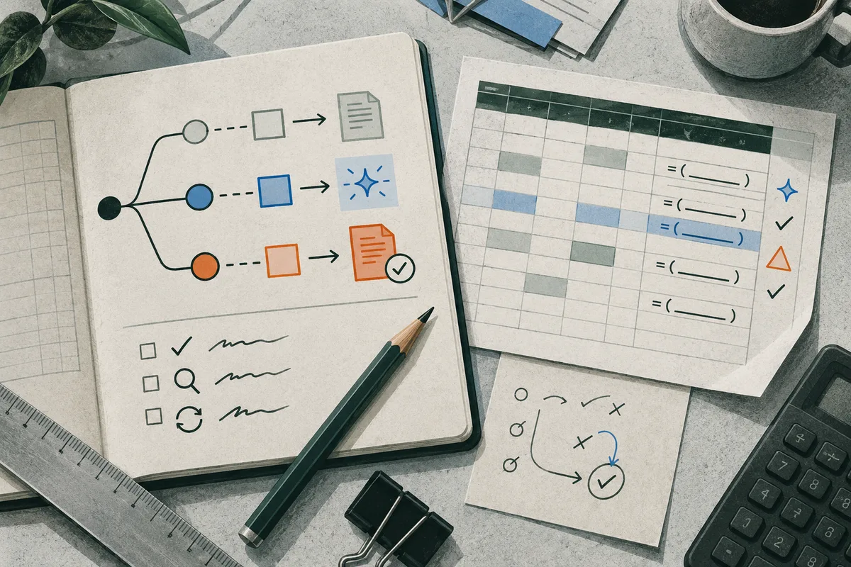 An open notebook shows a branching diagram of colored circles, squares, arrows and document symbols beside a spreadsheet grid with blank formula lines and check, sparkle and warning symbols. A pencil, ruler, calculator, binder clip, plant and cup sit nearby.