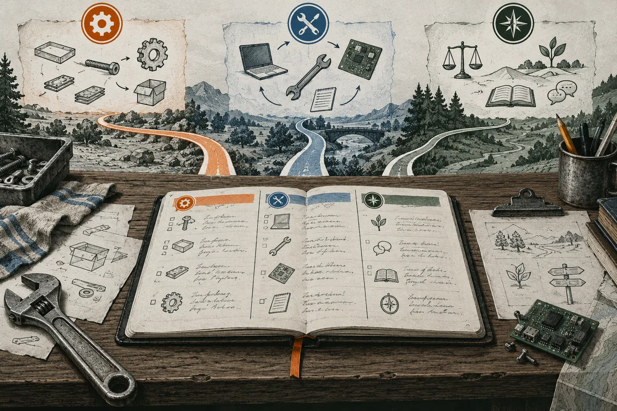 An open illustrated task ledger on a workbench, with three colored paths leading through a mountain landscape beneath panels of tools, scales, a book, and a plant.