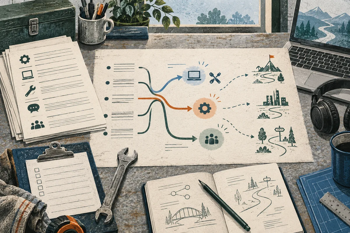 A branching diagram on a workbench routes a list of tasks toward icons of a laptop, a gear, and a group of people, with illustrated paths and landscapes beyond.