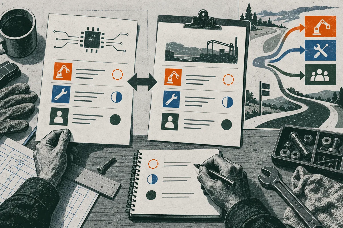 An illustrated workbench with two task sheets, a chip diagram, and a construction site scene. Arrows connect task icons on the sheets and branch toward icons of a machine arm, tools, and people; hands write in a notebook beside a ruler and workshop tools.
