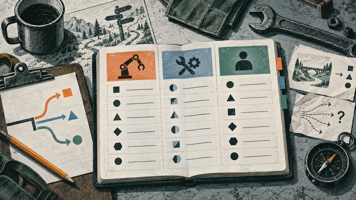 An open ledger with three columns of icons and lines, surrounded by branching-path sketches, tools, and a compass.