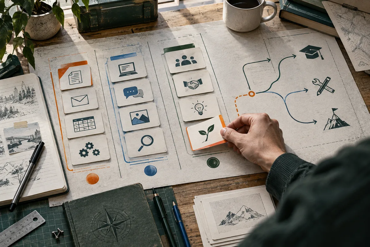 A hand places a leaf card beside rows of task cards and branching arrows on a paper-covered worktable.