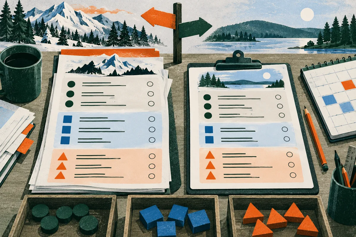 Two illustrated checklists with rows of green circles, blue squares, and orange triangles sit on a desk beside a calendar, pencils, and a signpost; snowy mountains and a lake fill the background.