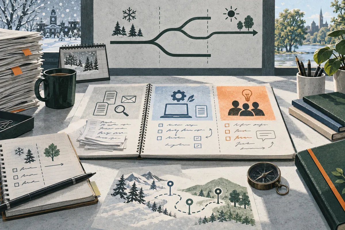 An open illustrated notebook shows icons and checklists beneath a branching path marked by winter, trees, and sun symbols, with seasonal landscapes, papers, a compass, and a calendar on the desk.
