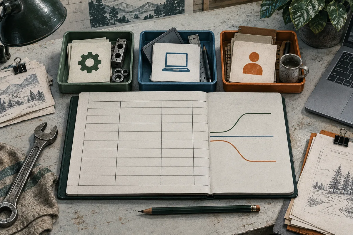 An open notebook shows a blank grid and three colored branching lines. Above it, three trays hold papers marked with a gear, a laptop, and a person symbol; a wrench, pencil, mug, and sketches sit on the desk.