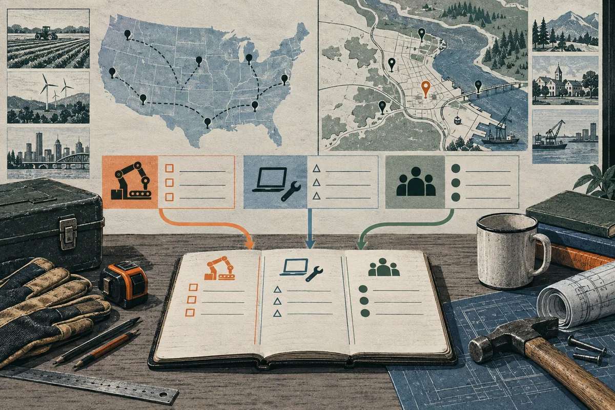 An open notebook on a workbench shows three icon-based task lists connected to maps marked with location pins; small landscape and city scenes, pencils, a mug, and tools surround it.