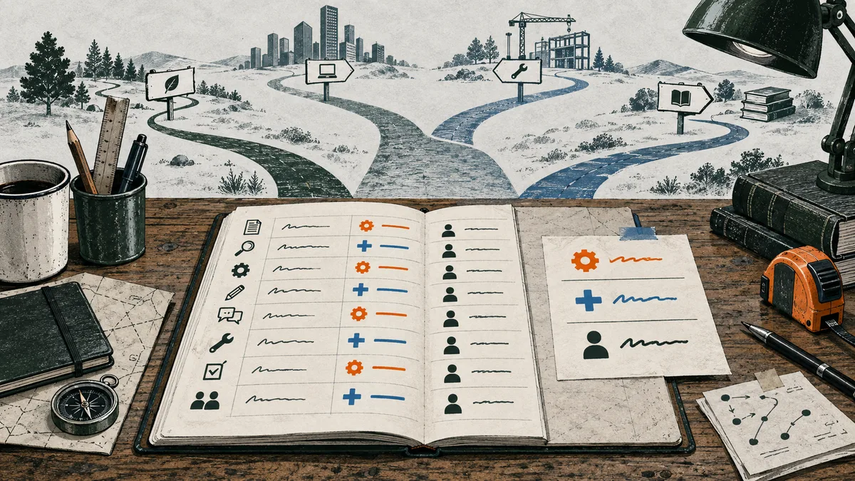 An open notebook on a wooden desk shows rows of icons and colored lines. A winding path branches toward signs with a leaf, computer, wrench, and book, with a city skyline in the distance.