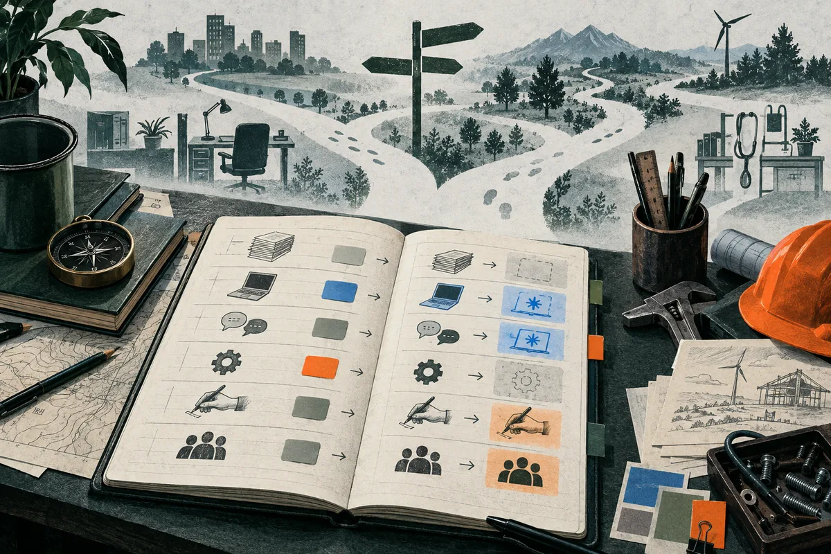 An open illustrated ledger shows rows of icons, colored squares, and arrows. Behind it, roads branch from a signpost toward a city, forest, and mountains; a compass, tools, papers, and an orange hard hat sit on the desk.