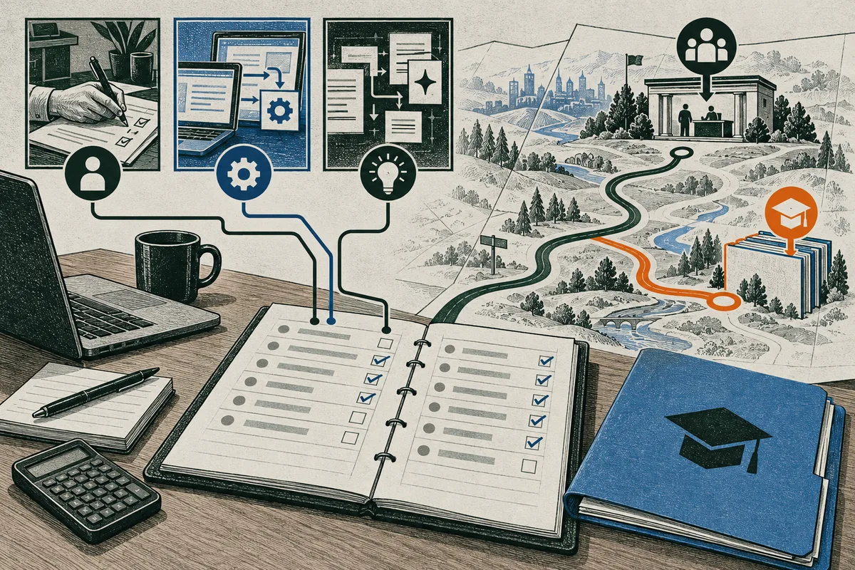 An open checklist notebook sits before a branching map with paths to a service building and a stack of books marked with a graduation cap; task panels and work objects fill the foreground.