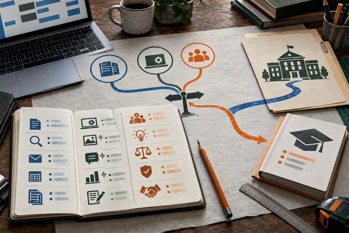 An open notebook of work task icons sits beside branching colored arrows that lead toward a building and a book marked with a graduation cap.