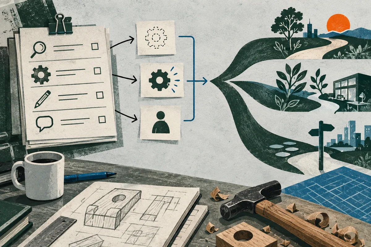 Illustrated workbench with checklist papers, task icons, arrows branching toward a tree, plants, buildings, a city, and a blue solar panel; a mug, notebook, ruler, and hammer sit in the foreground.
