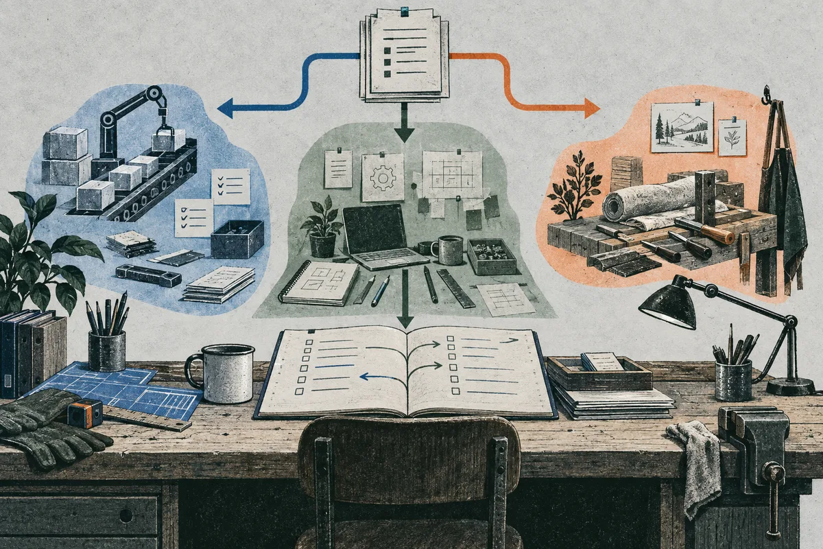 Illustrated workbench with an open checklist book, laptop, papers, tools, and arrows connecting a central workspace with a mechanical arm on a conveyor at left and a tool-filled workshop at right.