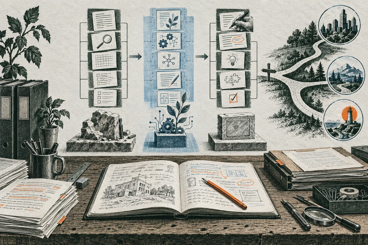 An illustrated workbench with papers, a book, plant, and task diagrams arranged in three columns; arrows lead to a branching road toward a city, mountains, or lighthouse.