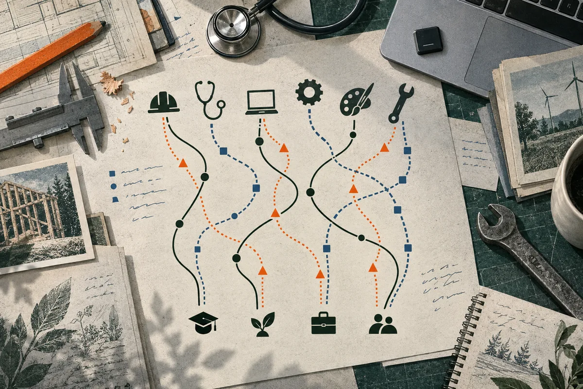 A branching task map connects symbols for construction, healthcare, computing, design and tools to graduation, plant, briefcase and people icons, surrounded by workbench papers and objects.