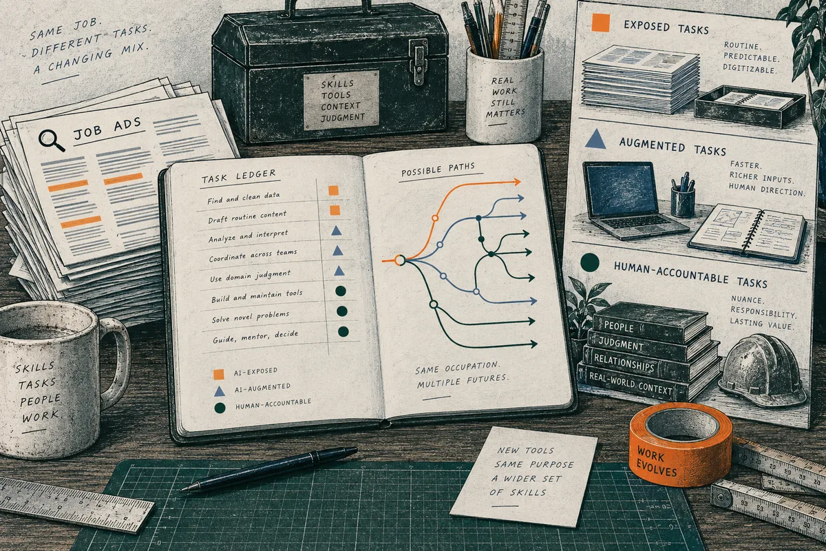 An open task ledger with colored branching paths sits among job-ad papers, work tools, a laptop, books and labeled panels for exposed, augmented and human-accountable tasks.