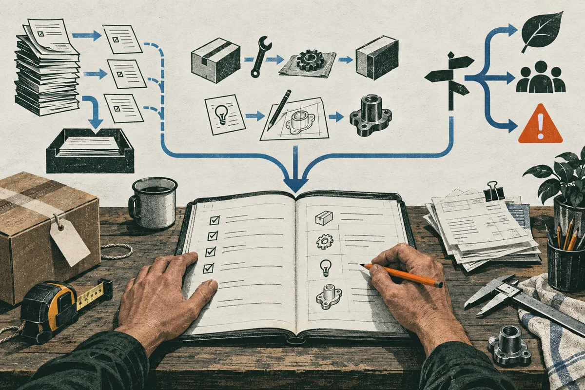 An open checklist notebook on a workbench sits beneath blue arrows linking paperwork and mechanical parts to signs showing a leaf, a group of people, and a warning symbol.