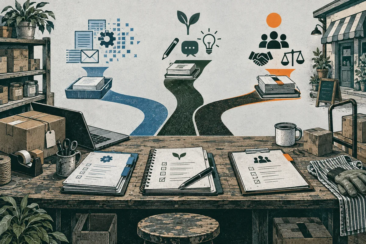 Three illustrated paths flow toward notebooks marked with gear, leaf, and people icons, with matching symbols above; shelves, boxes, and tools frame the workshop.