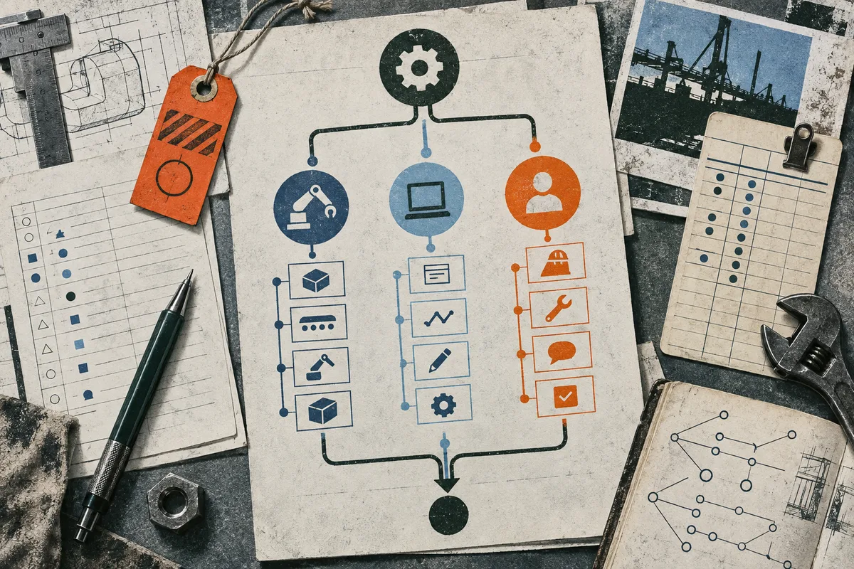 A paper flowchart branches from a gear to icons of a robotic arm, laptop, and person, with rows of task symbols below. A pen, notes, clipboard, wrench, and crane photo surround the chart.