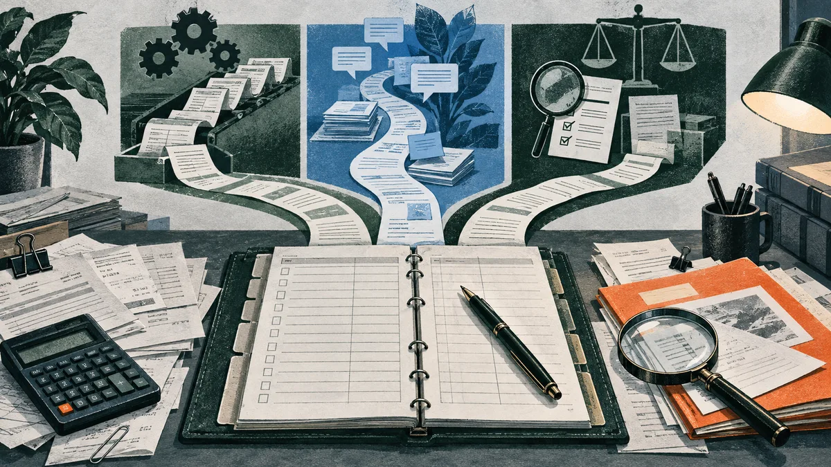 An open ledger, calculator, papers, pen, and magnifying glass sit on a desk beneath three panels showing gears and documents, speech bubbles along a branching path, and a balance scale beside a checklist.