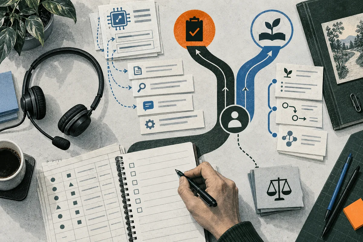 A hand writes in a task ledger beside a headset and flow diagrams linking a microchip, checklist, and open book; papers and a balance scale sit nearby.
