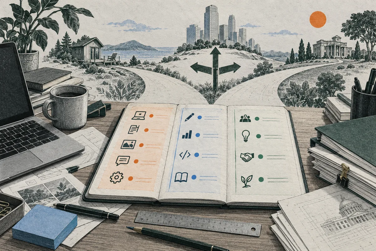 An open notebook with rows of icons rests on a desk before three paths branching from a signpost toward a city, a small house, and a columned building.