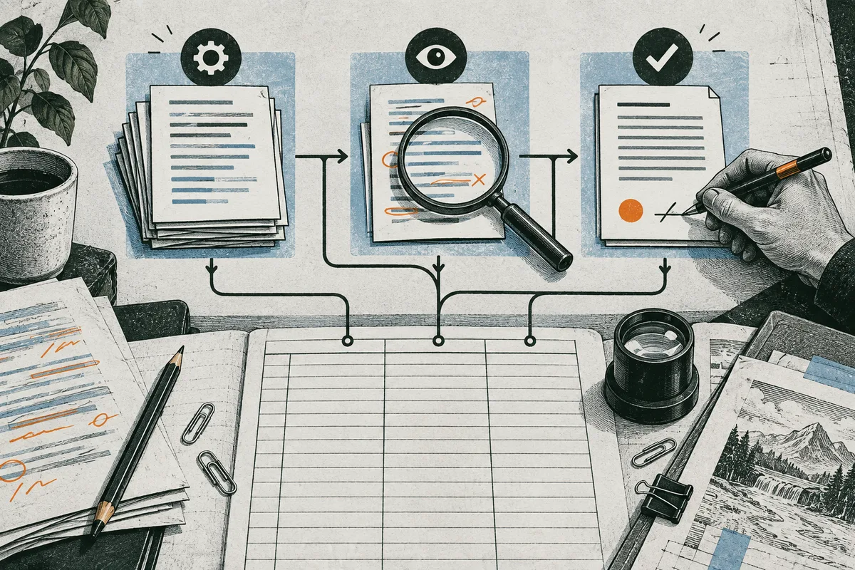 Three document panels show stacked pages under a gear, a page examined with a magnifying glass, and a checked page being marked by hand. Arrows connect the panels above a desk with a ledger, pencils, clips, and more papers.