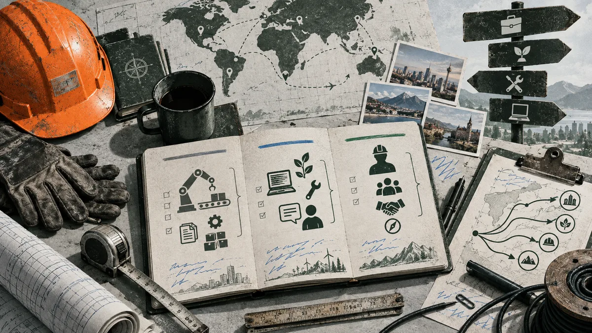 Overhead still life with an orange hard hat, work gloves, measuring tools, a black mug, maps, travel photos, and an open notebook of work-related icons beside a signpost.