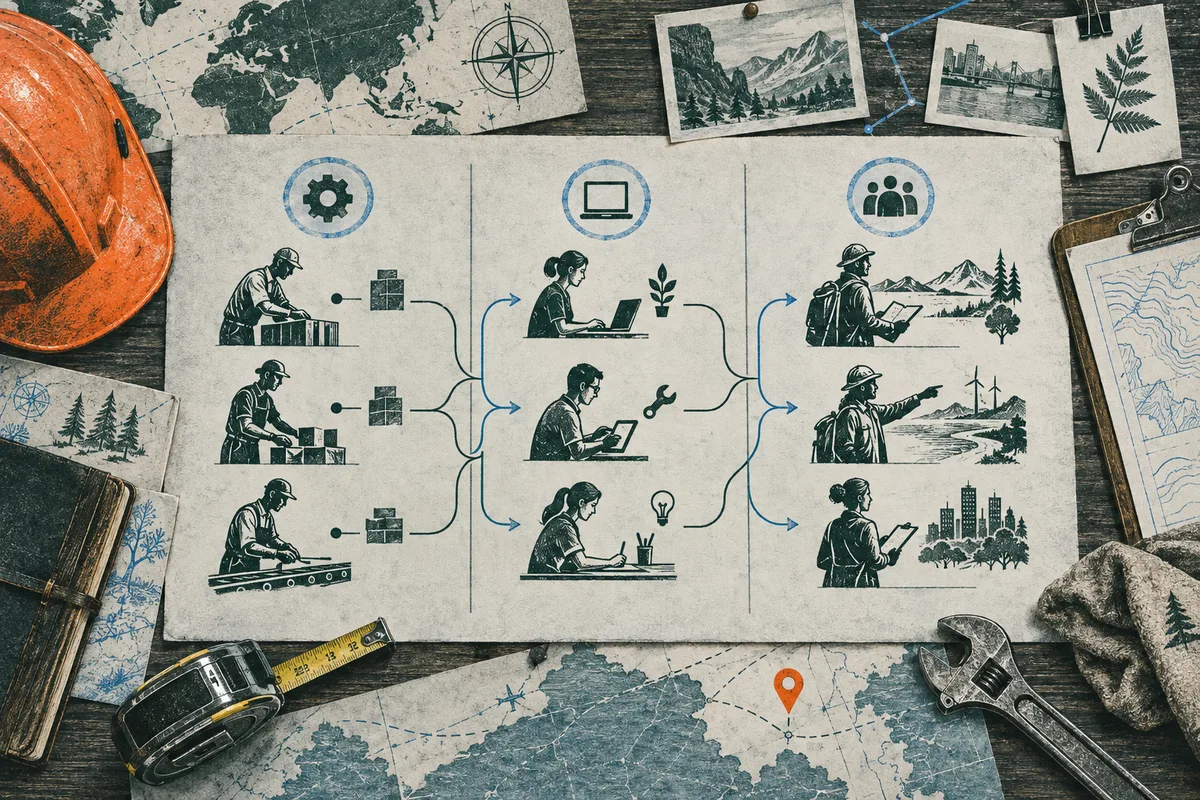 Illustrated diagram showing figures doing manual tasks, using computers and tablets, and working outdoors, with arrows connecting the three columns.