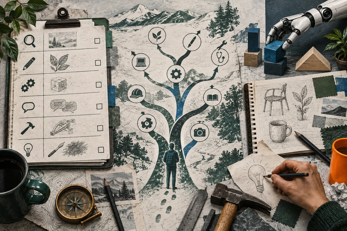 A person stands before a branching illustrated mountain map with circular symbols, beside a checklist, a robotic arm, sketches, tools, a compass, and coffee cups.