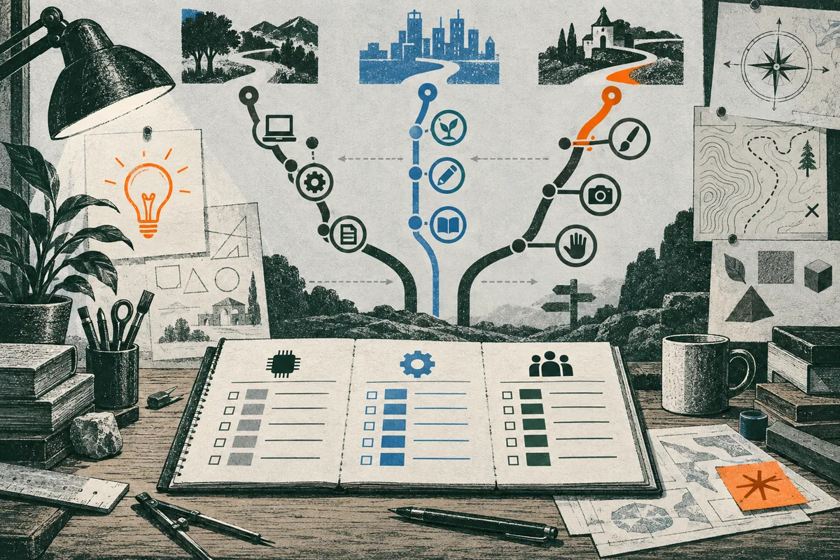 A desk scene shows an open three-column checklist beneath three branching illustrated paths, with a lamp, plant, books, drawing tools, maps, and cups.